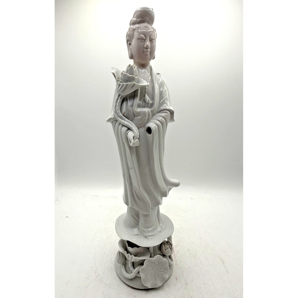 12" White Porcelain Kwan Yin Guanyin Lotus Figurine Made in China Buddha Decor